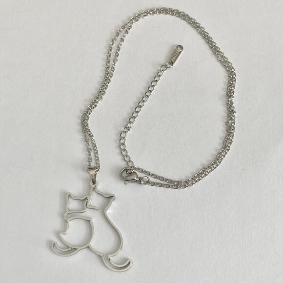 Two Cats Charm Pendant Necklace 17-19" Chain Stainless Steel Cat Lady Silhouette - Picture 6 of 8